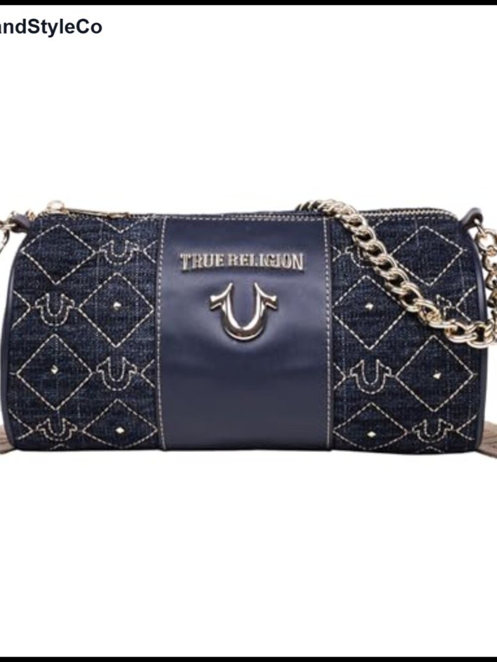 Barrel Bag Diamond Stitched Denim Faux Leather Studded Chain Handle Crossbody